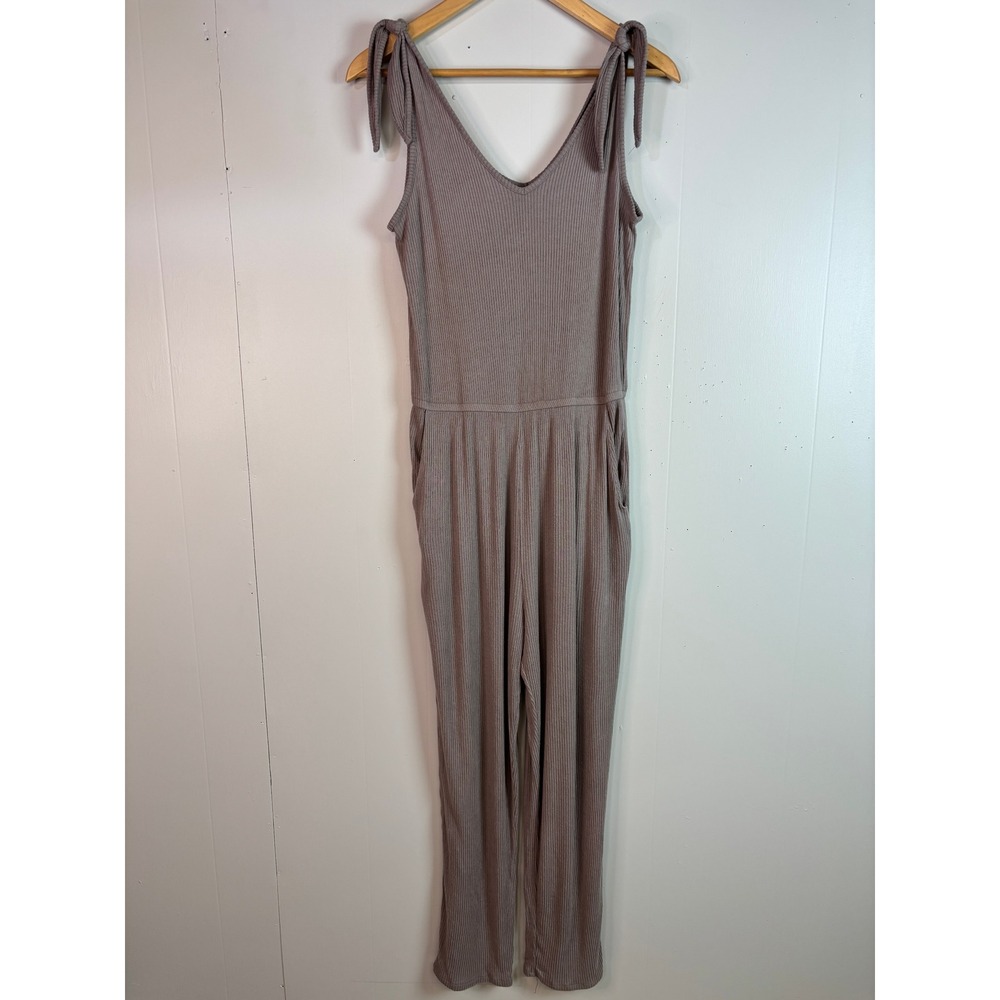 Lulus Jumpsuit Medium Taupe Brown Ribbed Tie Shoulder V-Neck Stretch Women